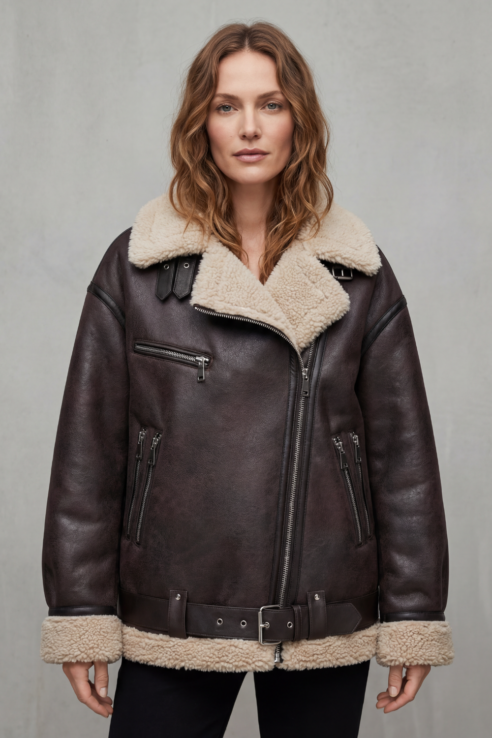 Rouxvelle – Belted shearling trim – Aviator coat-10482624364887-ZARA MAE LONDON