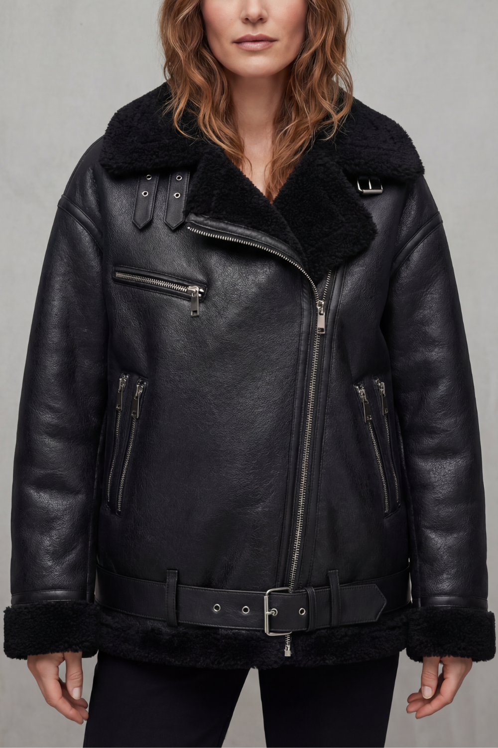 Rouxvelle – Belted shearling trim – Aviator coat-10482624364887-ZARA MAE LONDON