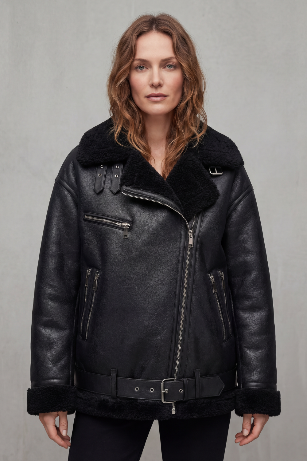 Rouxvelle – Belted shearling trim – Aviator coat-10482624364887-ZARA MAE LONDON