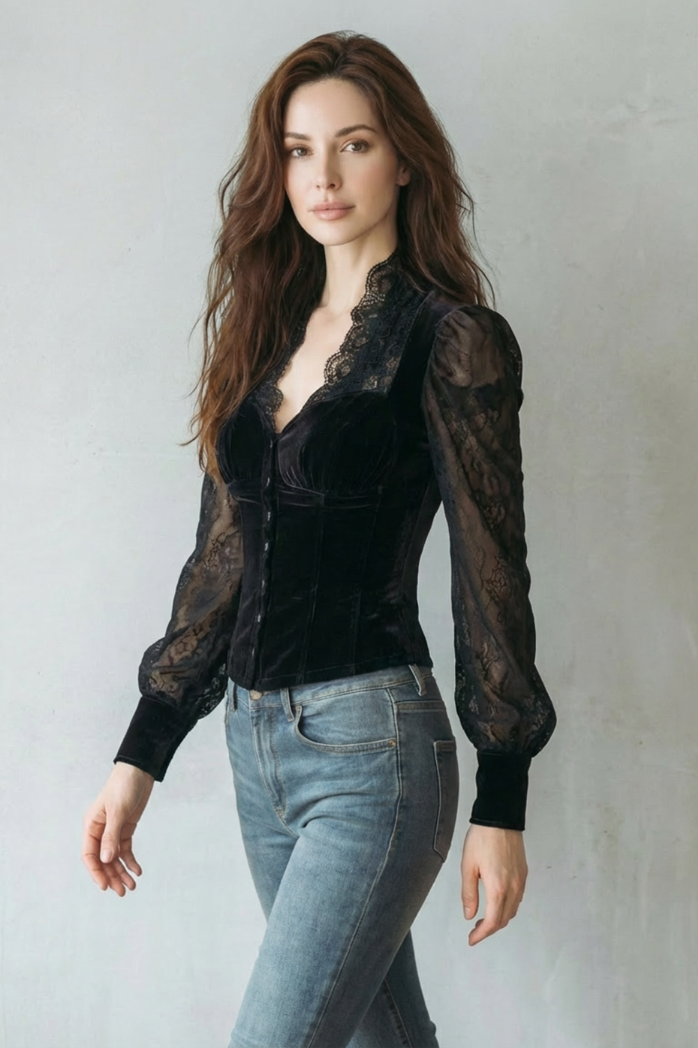 Serevine – Lace spliced elegance – Velvet fitted blouse-10497651147095-ZARA MAE LONDON