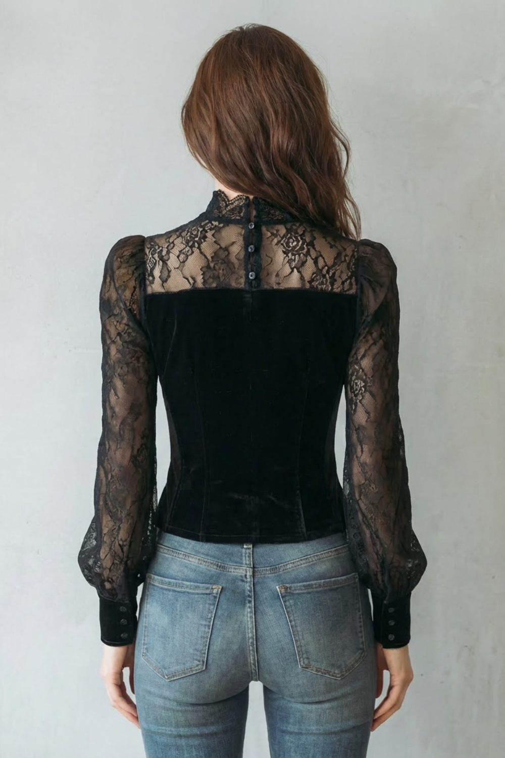 Serevine – Lace spliced elegance – Velvet fitted blouse-10497651147095-ZARA MAE LONDON