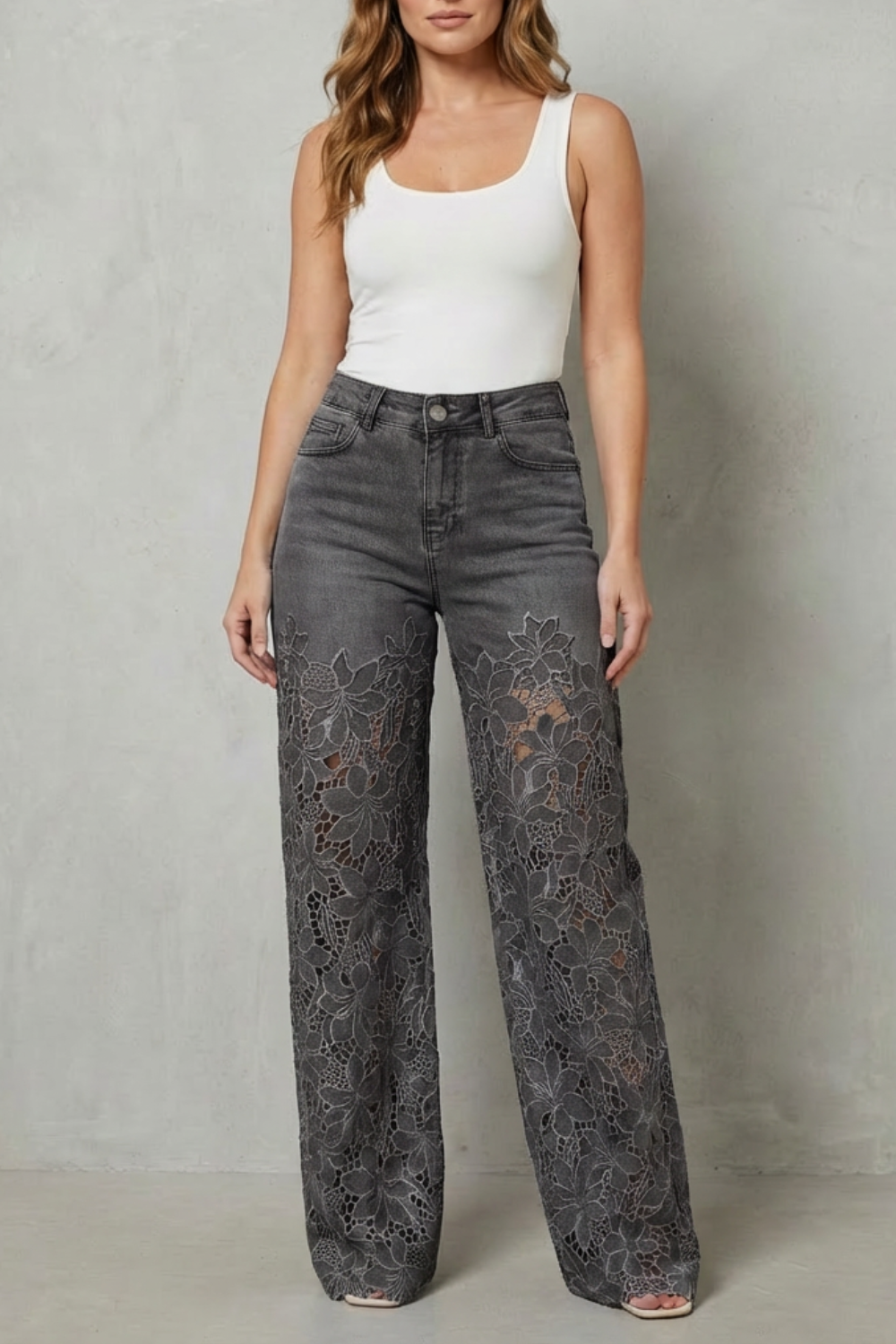 Solérine – Floral lace overlay – Wide-leg denim jeans-10507968676183-ZARA MAE LONDON