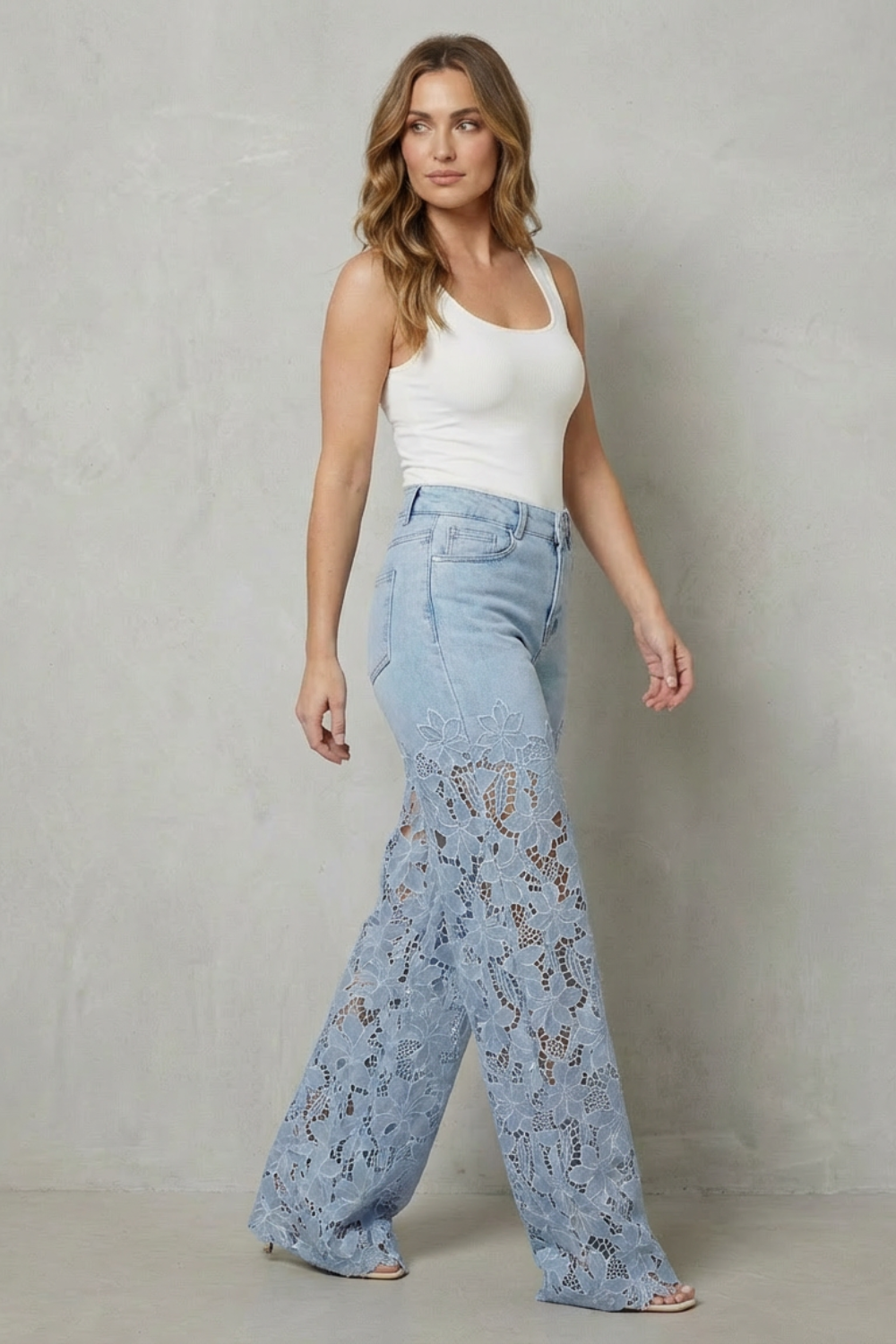 Solérine – Floral lace overlay – Wide-leg denim jeans-10507968676183-ZARA MAE LONDON