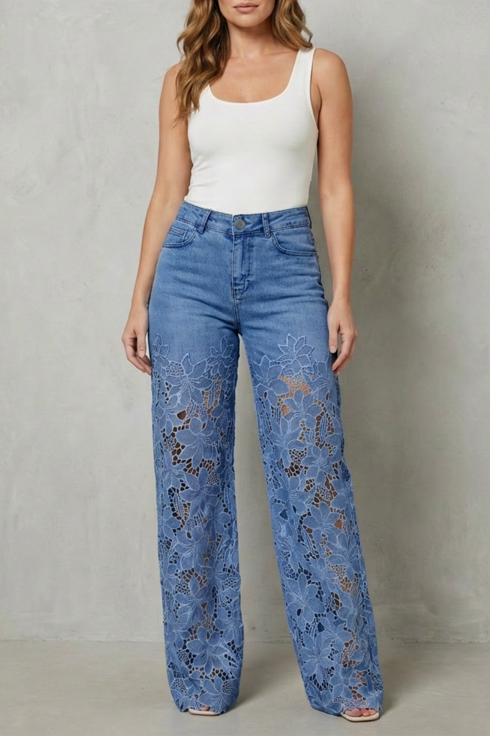 Solérine – Floral lace overlay – Wide-leg denim jeans-10507968676183-ZARA MAE LONDON