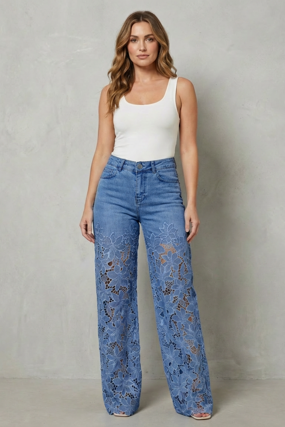 Solérine – Floral lace overlay – Wide-leg denim jeans-10507968676183-ZARA MAE LONDON