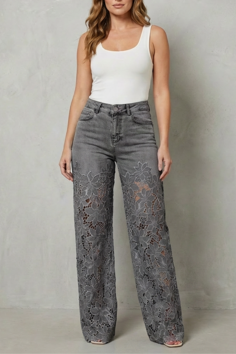 Solérine – Floral lace overlay – Wide-leg denim jeans-10507968676183-ZARA MAE LONDON
