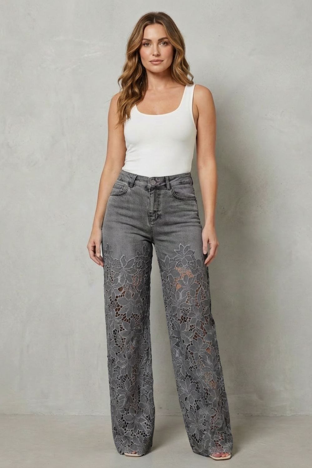 Solérine – Floral lace overlay – Wide-leg denim jeans-10507968676183-ZARA MAE LONDON