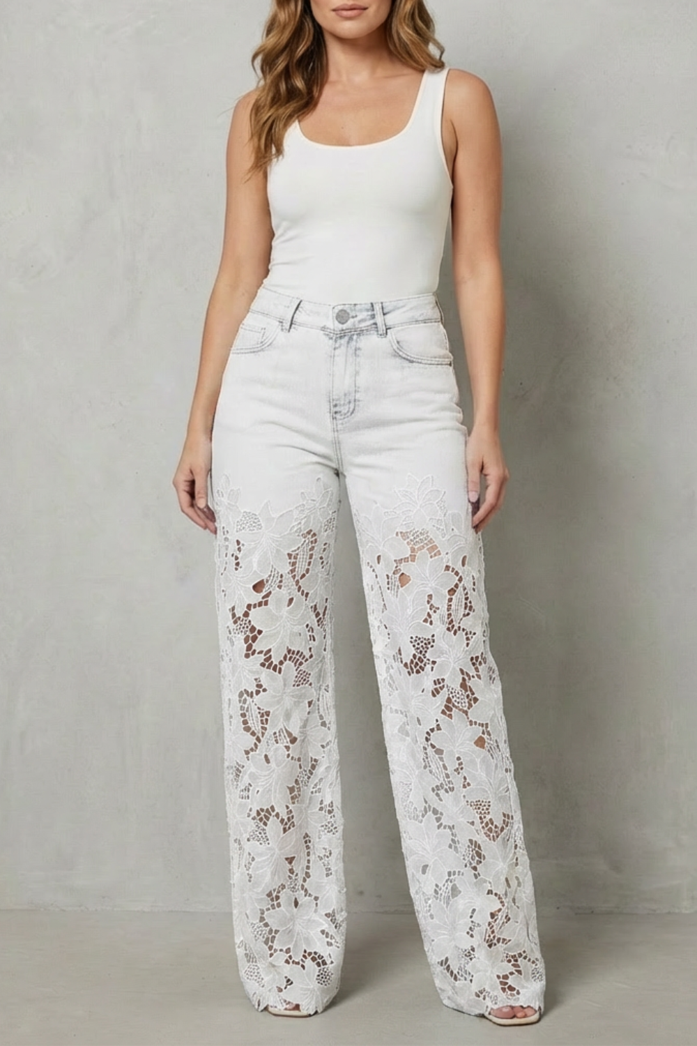Solérine – Floral lace overlay – Wide-leg denim jeans-10507968676183-ZARA MAE LONDON
